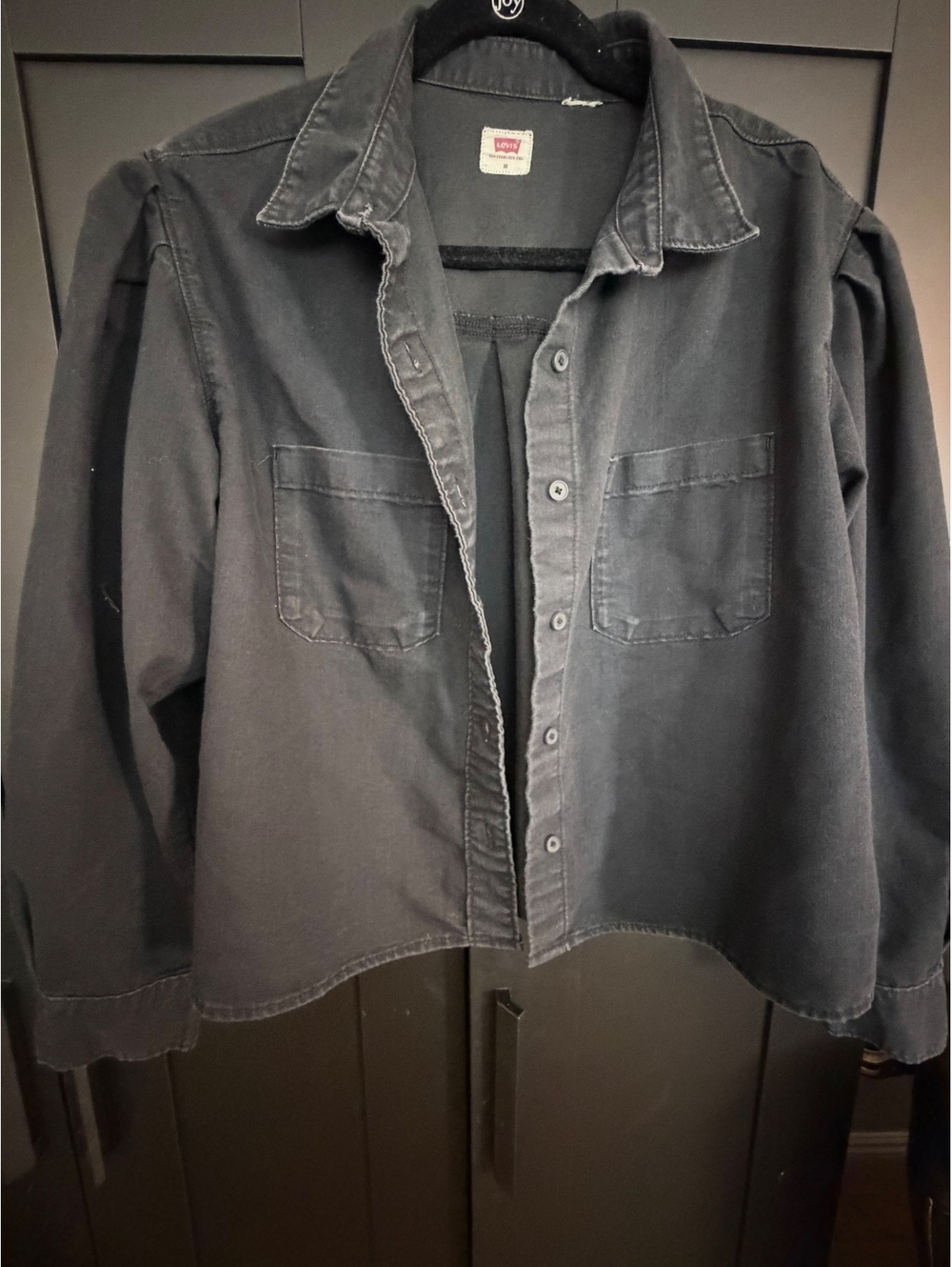 Levi’s Women’s M Black Washed Denim Cropped Shirt Jacket Puff Sleeve Shacket